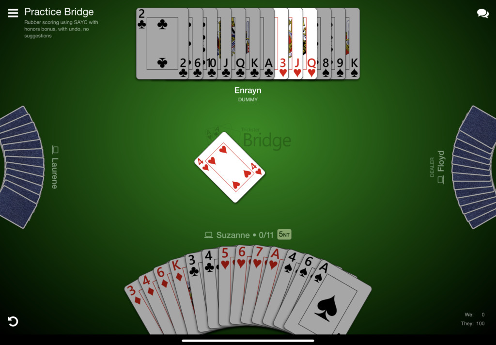 A bridge game is shown - in a 5NT contract

Player has
Diamonds K, 6, 4, 3
Clubs 4, 3
Hearts A, 7, 6, 5
Spades A, 6, 4

Dummy is showing
Clubs A, K, Q, J, 10, 6, 2
Hearts Q, J, 3
Spades K, 9, 8